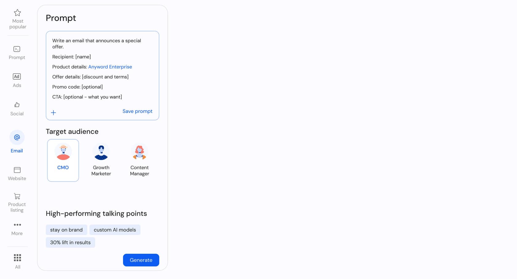 Anyword content intelligence dashboard showing performance scoring interface