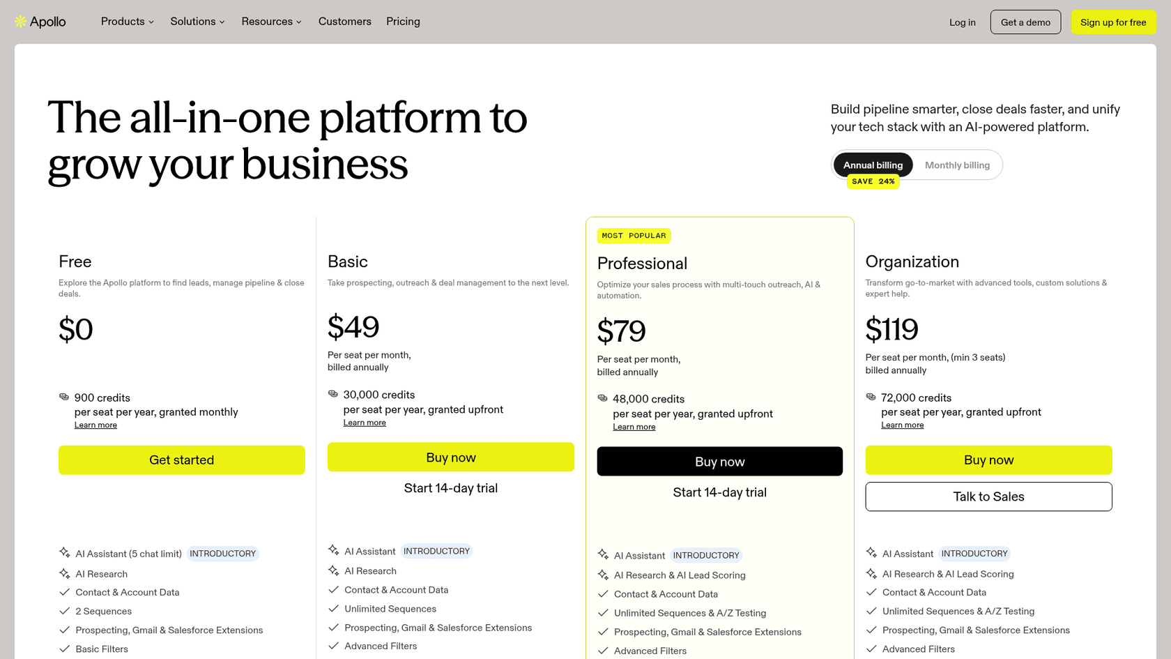 Apollo.io pricing page in October 2026 showing the Free, Basic, Professional and Organization plans with credits per seat, as taken from Apollo