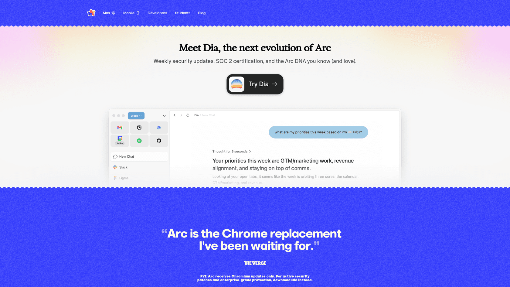 Arc homepage announcing Dia as the next evolution of Arc and noting Arc receives Chromium updates only, as taken from arc.net