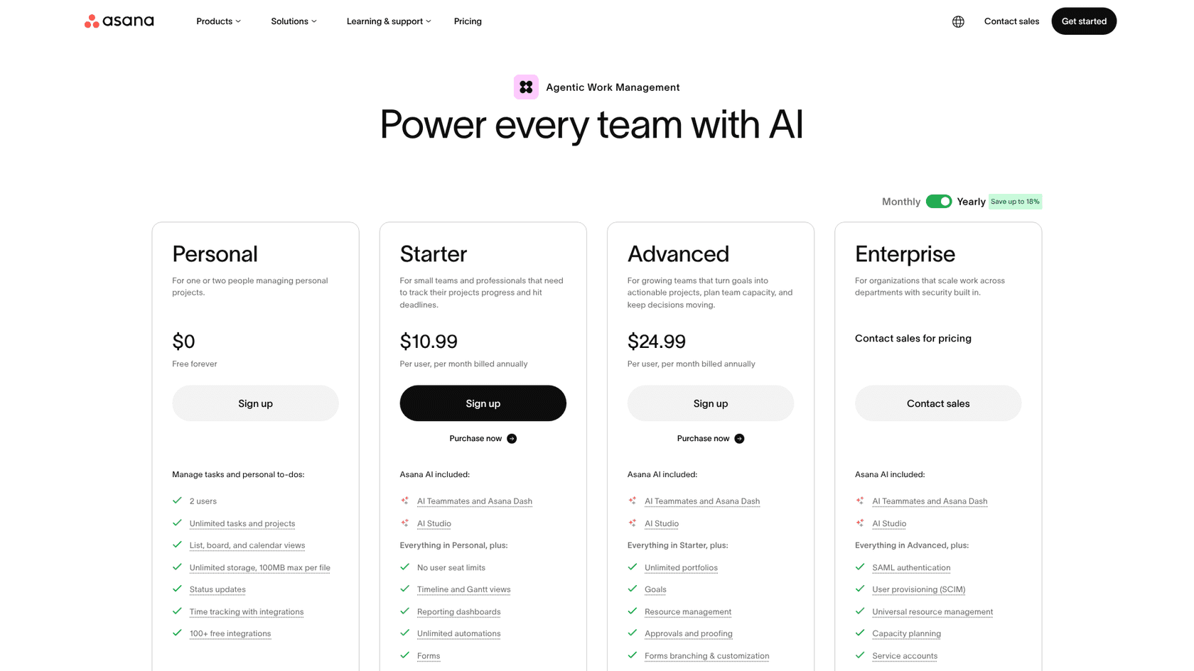 Asana pricing page in October 2026 comparing Personal, Starter, Advanced and Enterprise, as taken from Asana