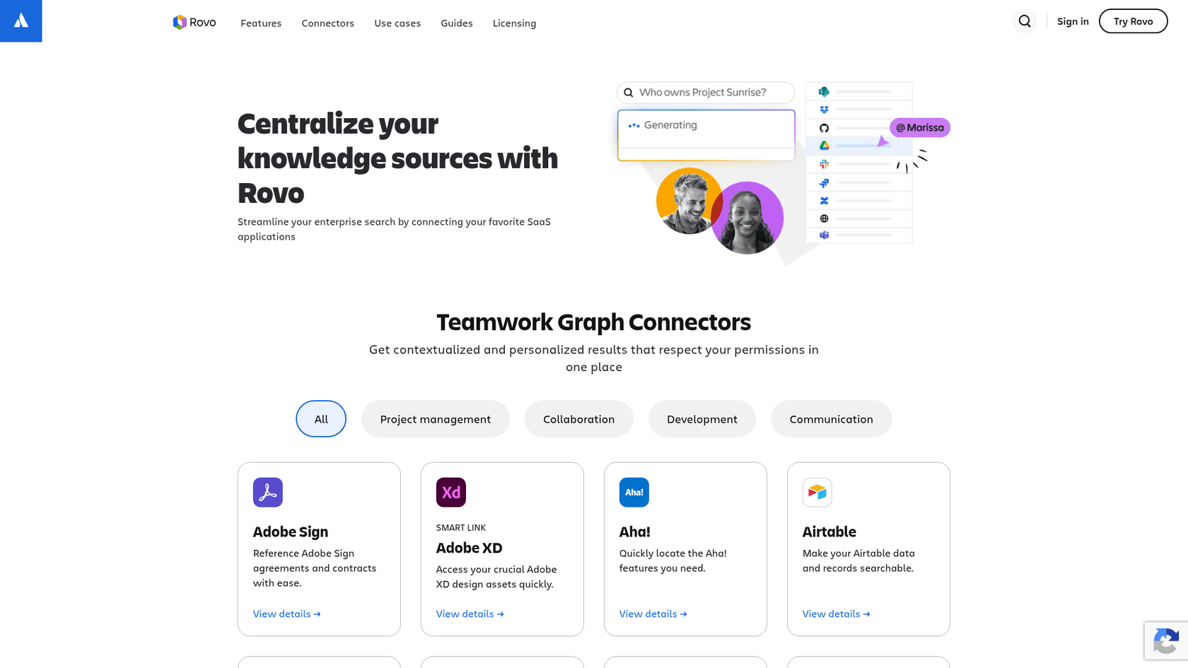 Atlassian's Rovo connectors page listing third-party apps Rovo can search, as taken from the Atlassian site.