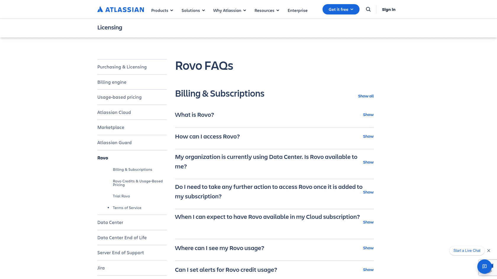 Atlassian's Rovo FAQs licensing page, as taken from Atlassian
