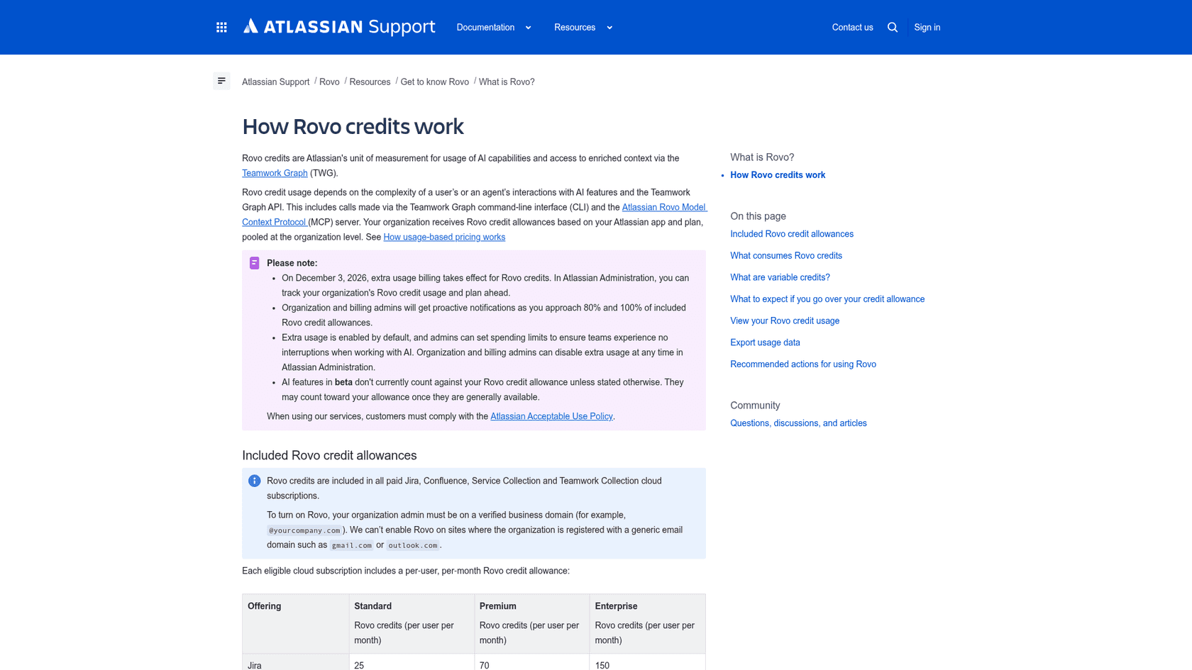The Atlassian support page on how Rovo credits work, showing the December 3, 2026 extra usage billing notice, as taken from Atlassian Support