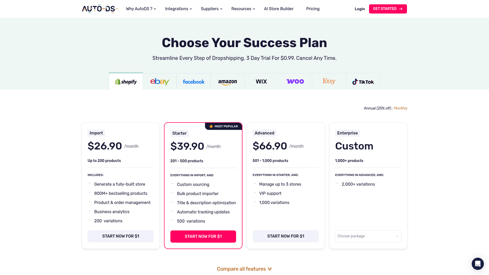 AutoDS pricing page with Import, Starter and Advanced plans, as captured from AutoDS