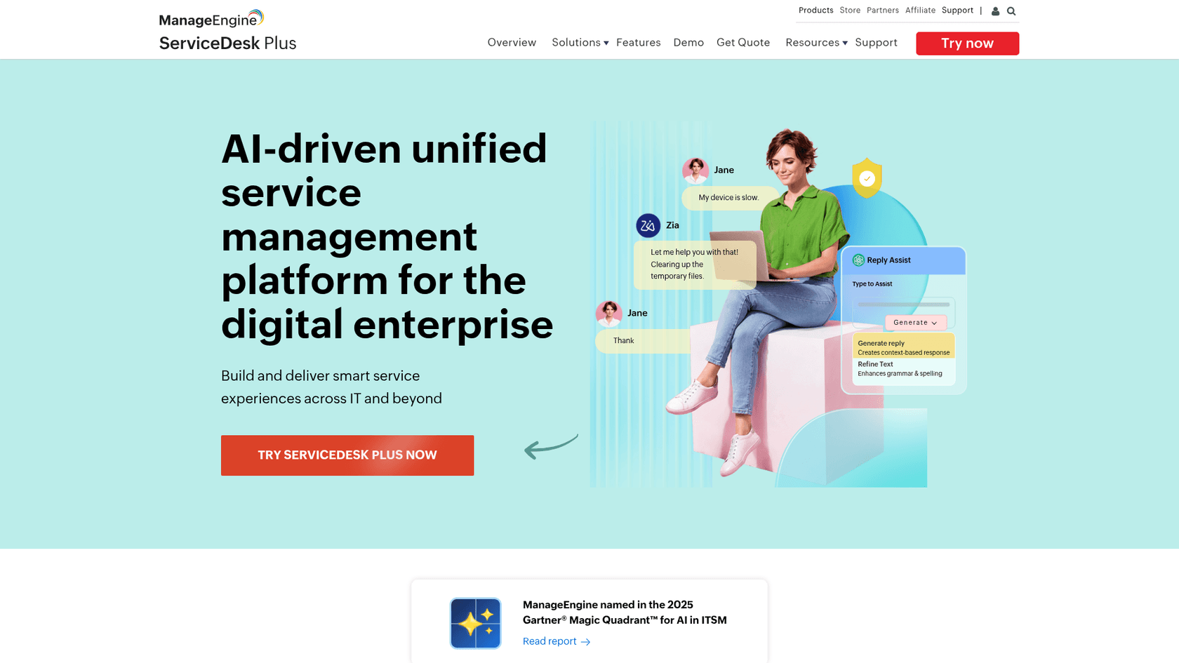 ManageEngine ServiceDesk Plus homepage -- ITSM platform with Zia AI built in
