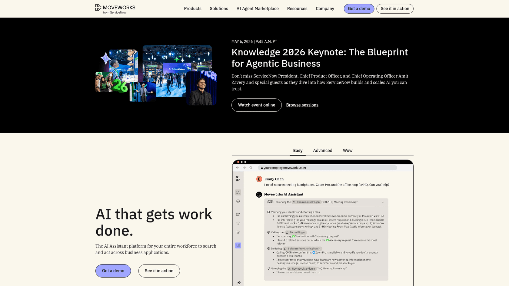 Moveworks homepage -- enterprise AI assistant platform acquired by ServiceNow