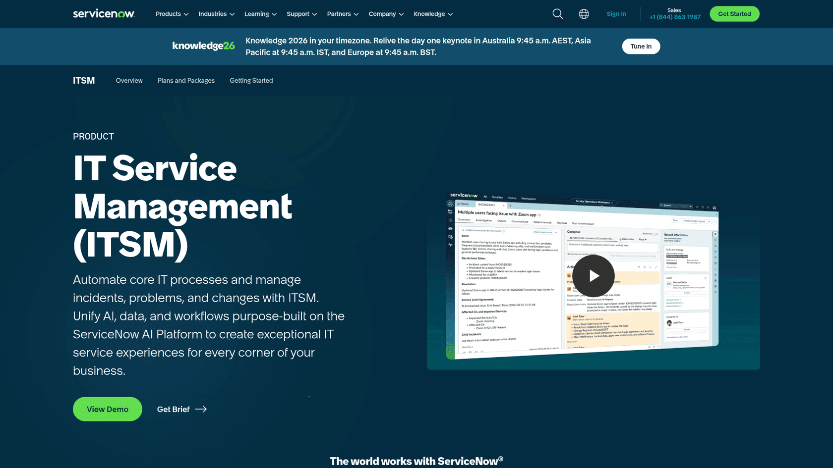 ServiceNow ITSM platform -- enterprise IT service management with AI workflows