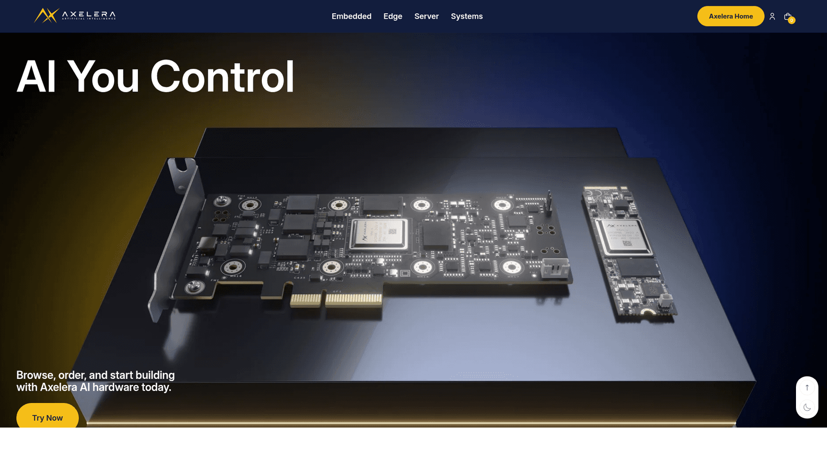 The Axelera AI store home page, showing Metis PCIe and M.2 cards, as taken from store.axelera.ai