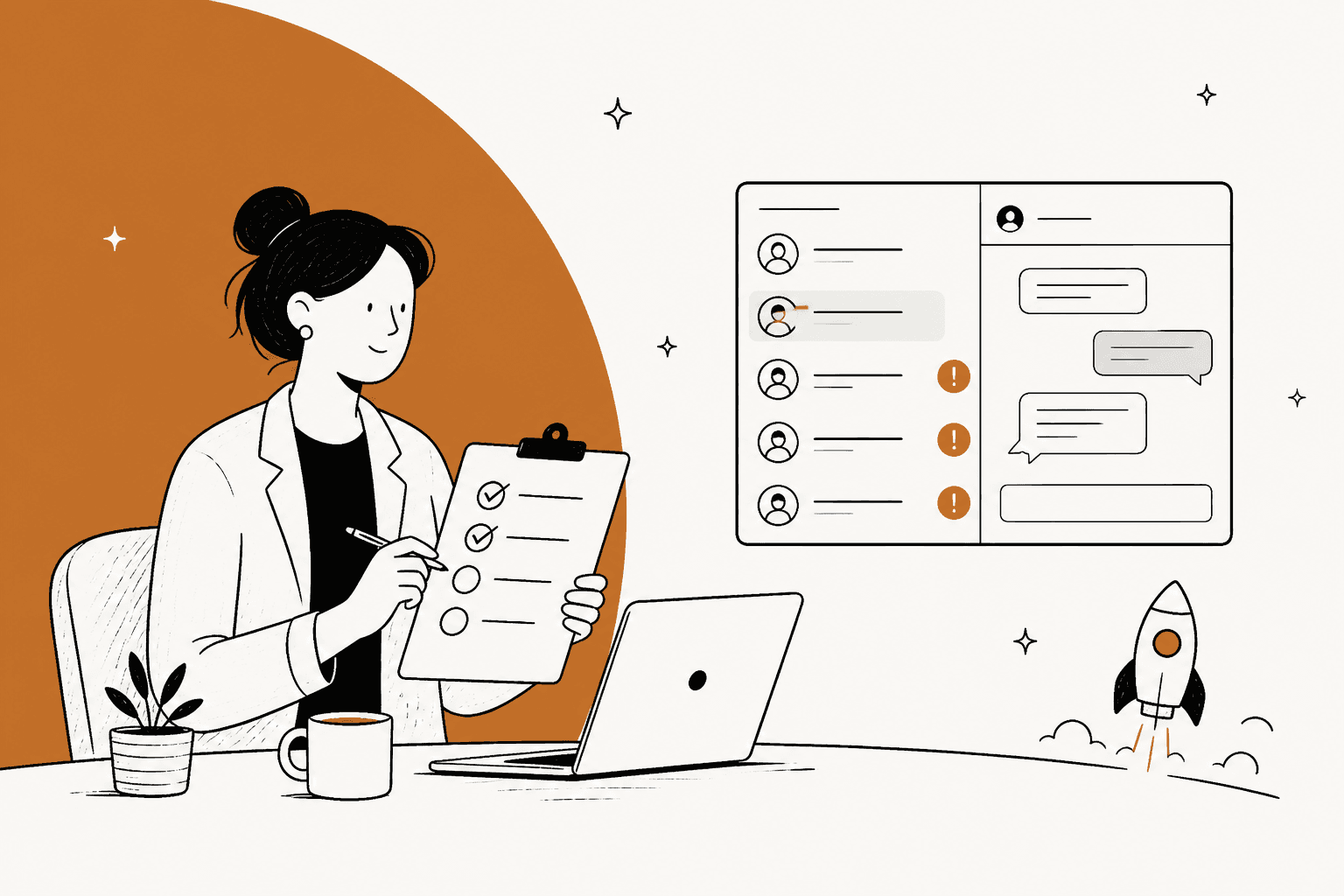 Hand-drawn illustration of a support lead ticking off a launch checklist at a laptop, beside a chat inbox with three tickets flagged and a small rocket waiting to launch