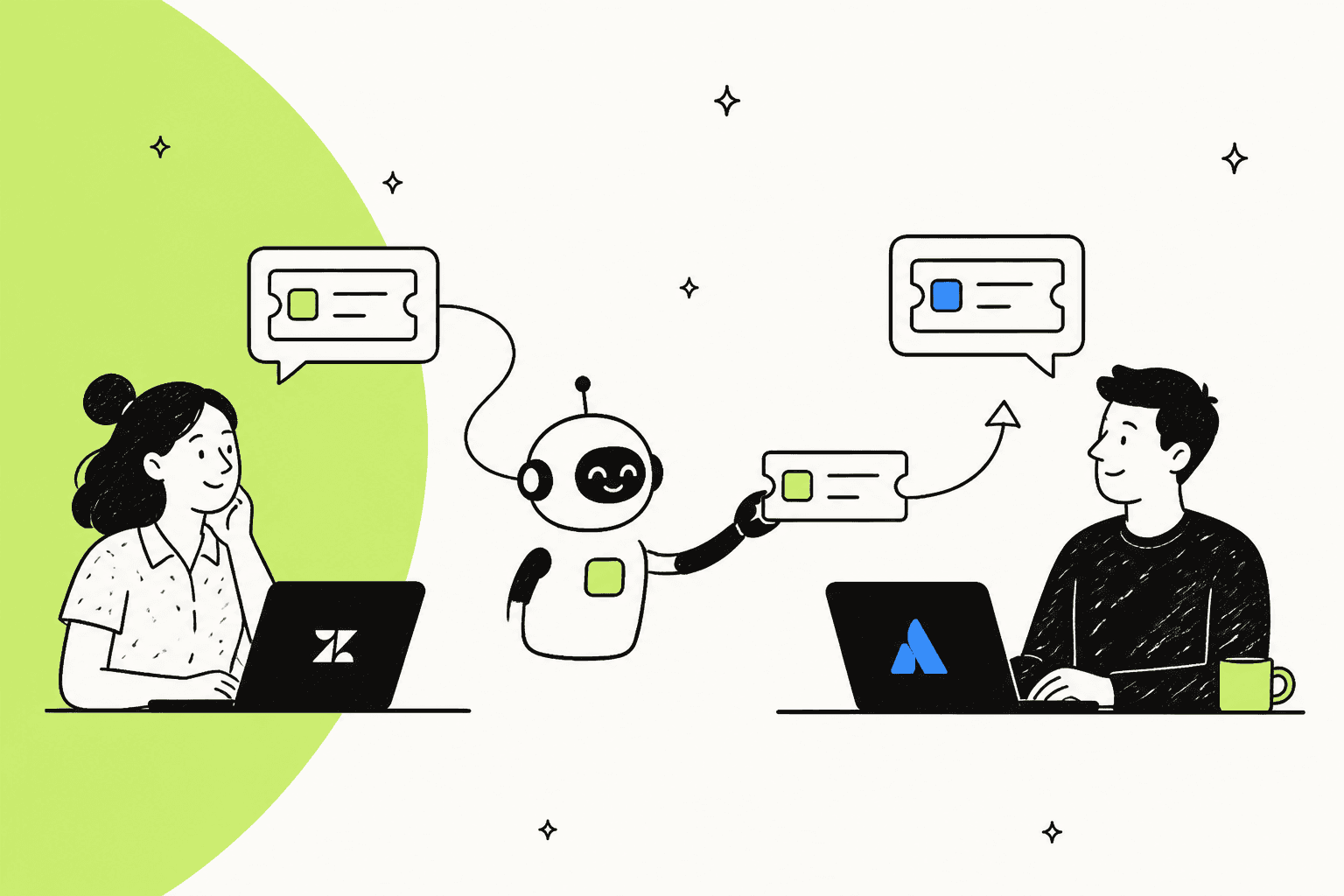 Hand-drawn illustration of an AI robot passing a ticket card from a support agent on a Zendesk laptop to an engineer on a Jira laptop