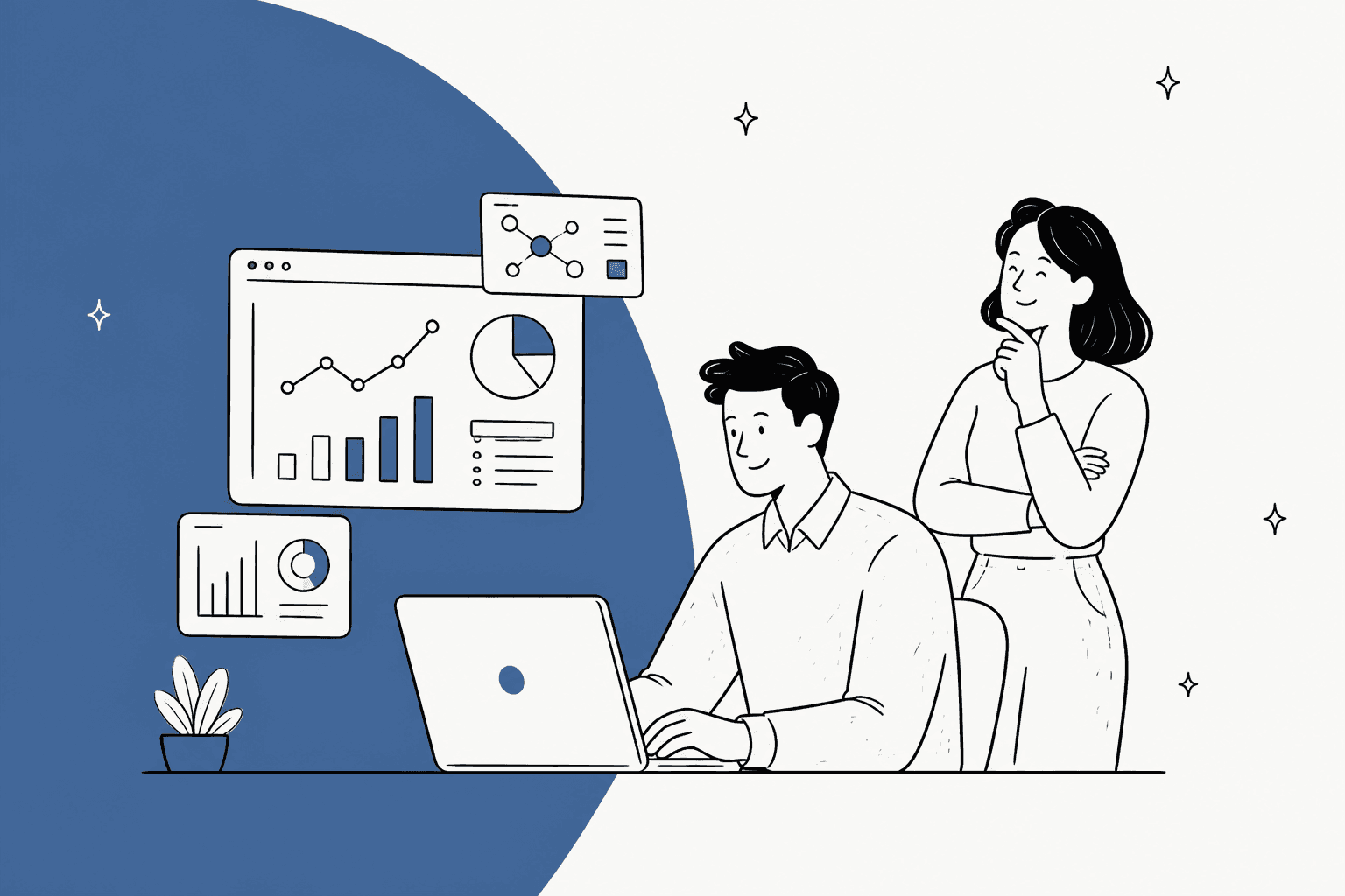 Two colleagues review a data analytics dashboard on a laptop, illustrating the best AI for data analytics tools in 2026