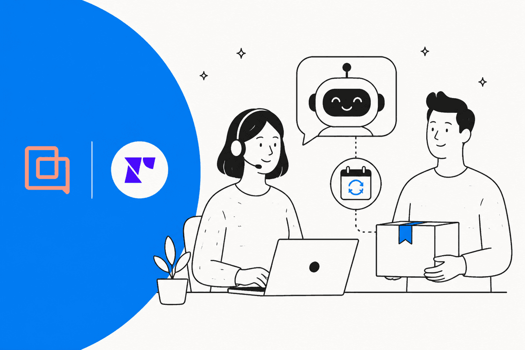 Hand-drawn illustration of a support agent at a laptop next to the Gorgias and Recharge logos, with an AI assistant linking a subscription renewal to a customer's package