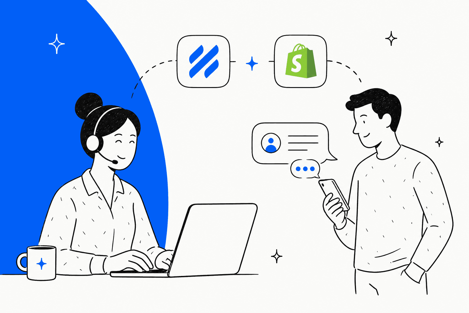 Hand-drawn illustration of a support agent at a laptop and a shopper on a phone, connected through the Help Scout and Shopify logos