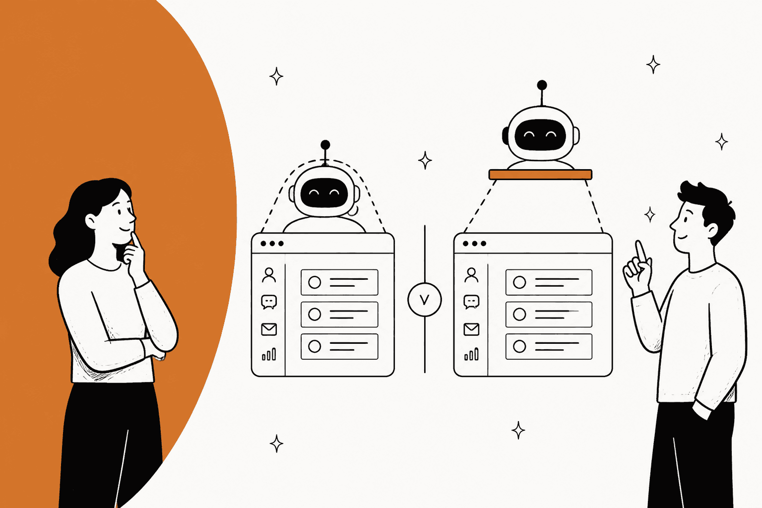 Hand-drawn illustration of two helpdesk windows, one with an AI robot built inside it and one with an AI robot sitting on a layer above it, with two people comparing them