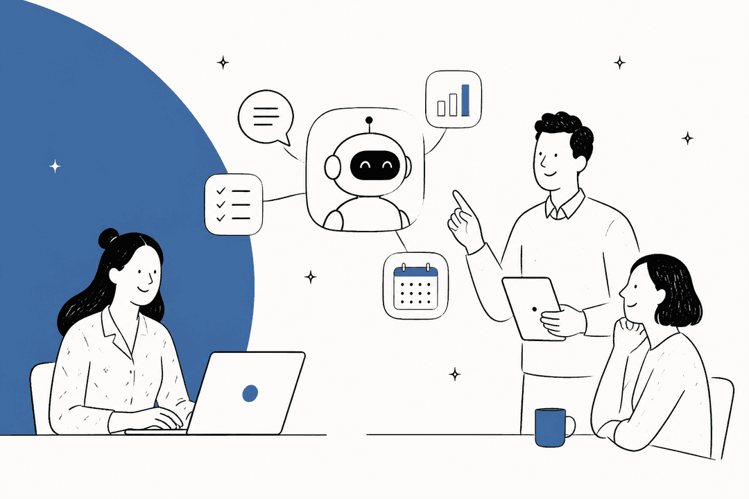 Illustration of a team working with an AI personal assistant on tasks, calendar and reports