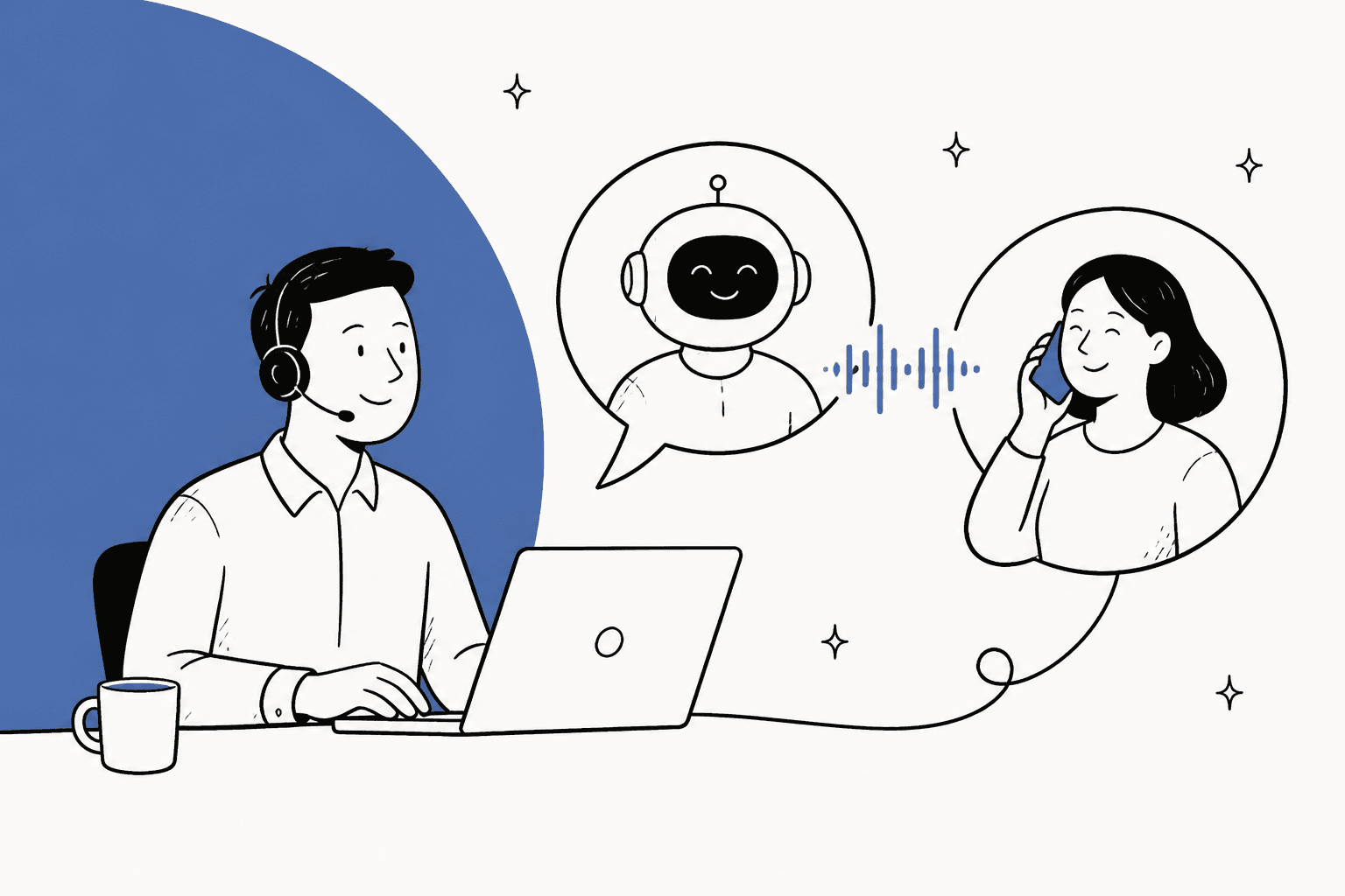 Illustration of a support agent at a laptop beside an AI voice agent on a phone call
