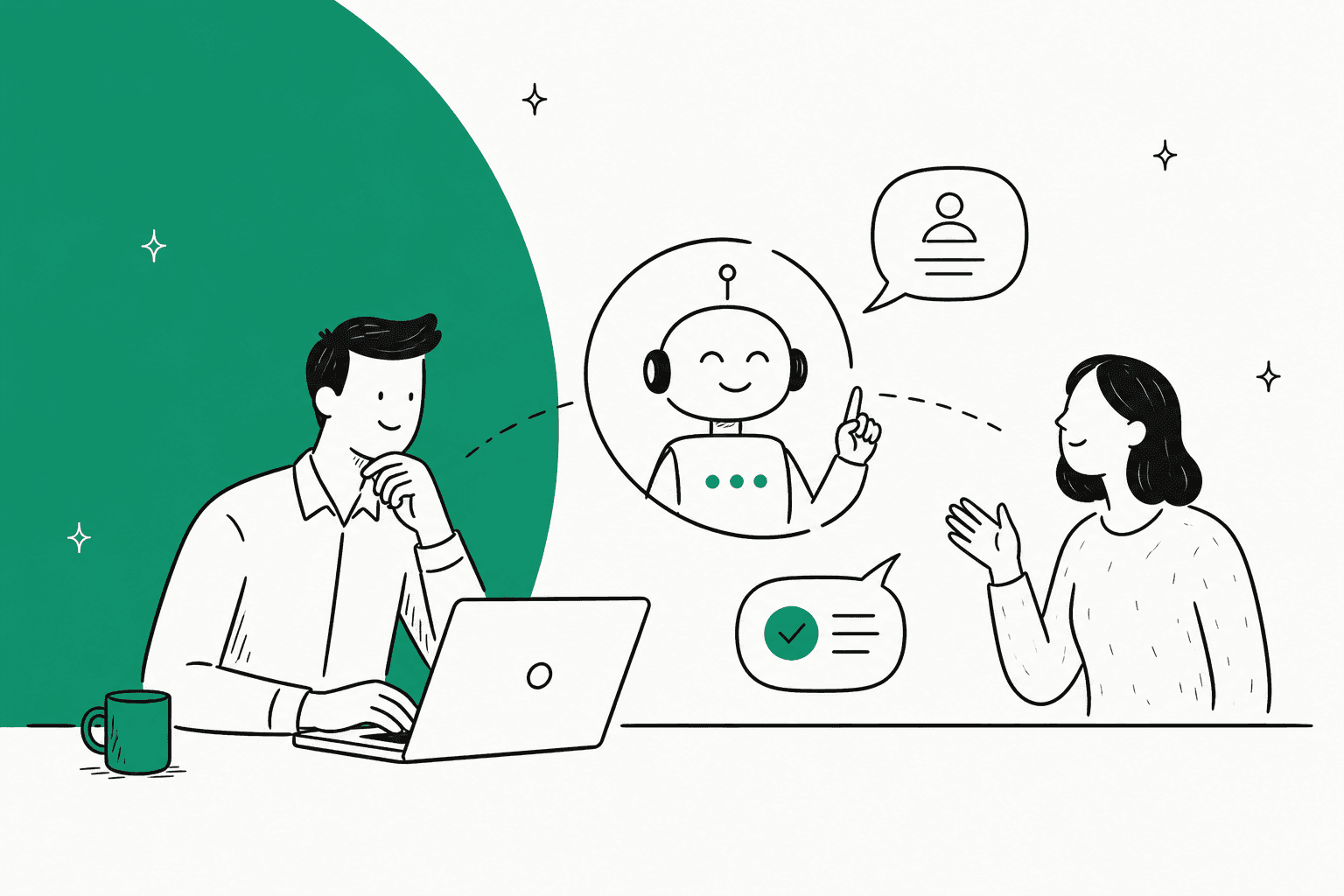 Hand-drawn illustration of a person at a laptop, a friendly AI agent and a customer, beside a large green half circle