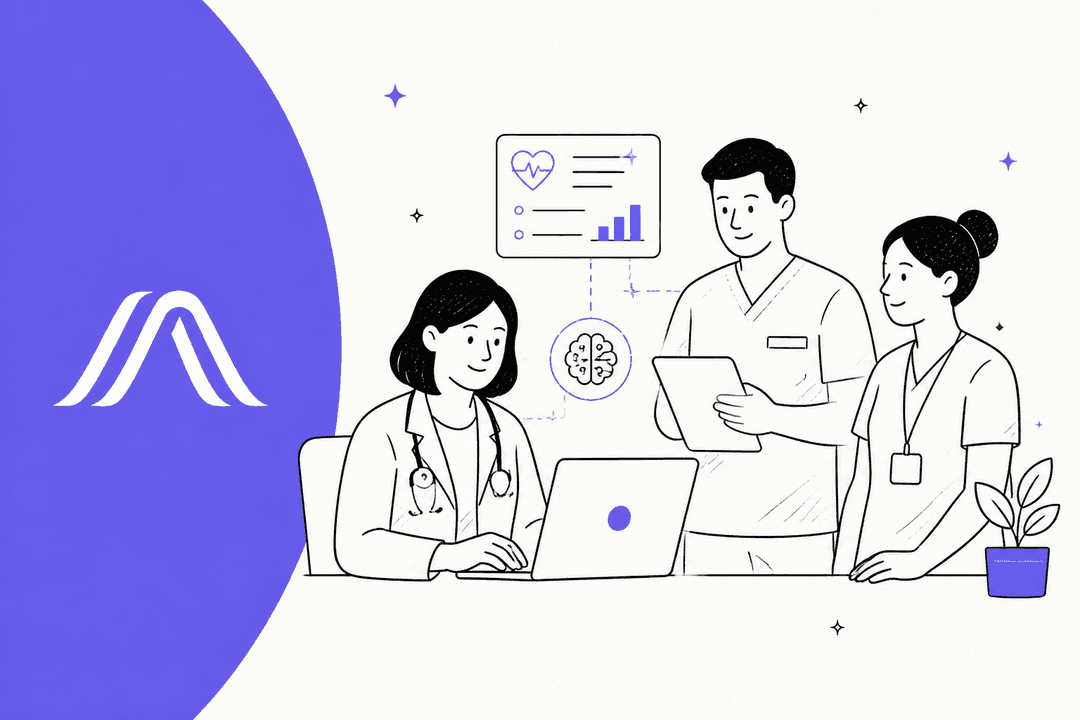 Hand-drawn illustration of clinicians reviewing an AI medical scribe on a laptop beside the Ambience logo