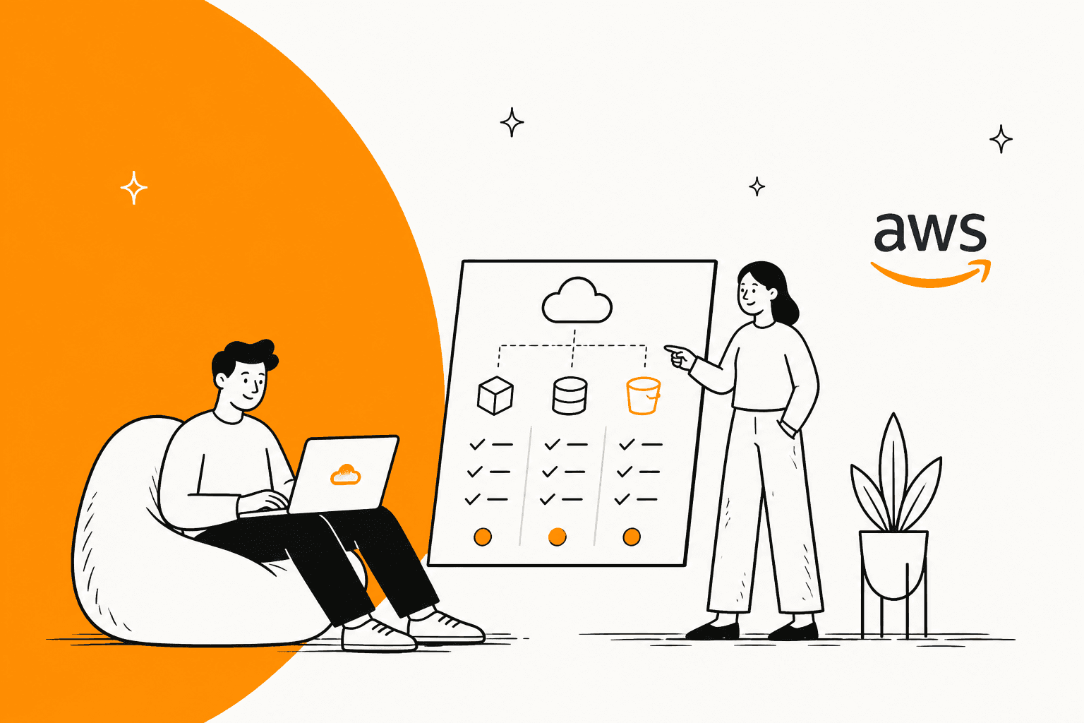 Illustrated hero banner for a guide to AWS pricing, with a person at a laptop beside a cloud cost diagram