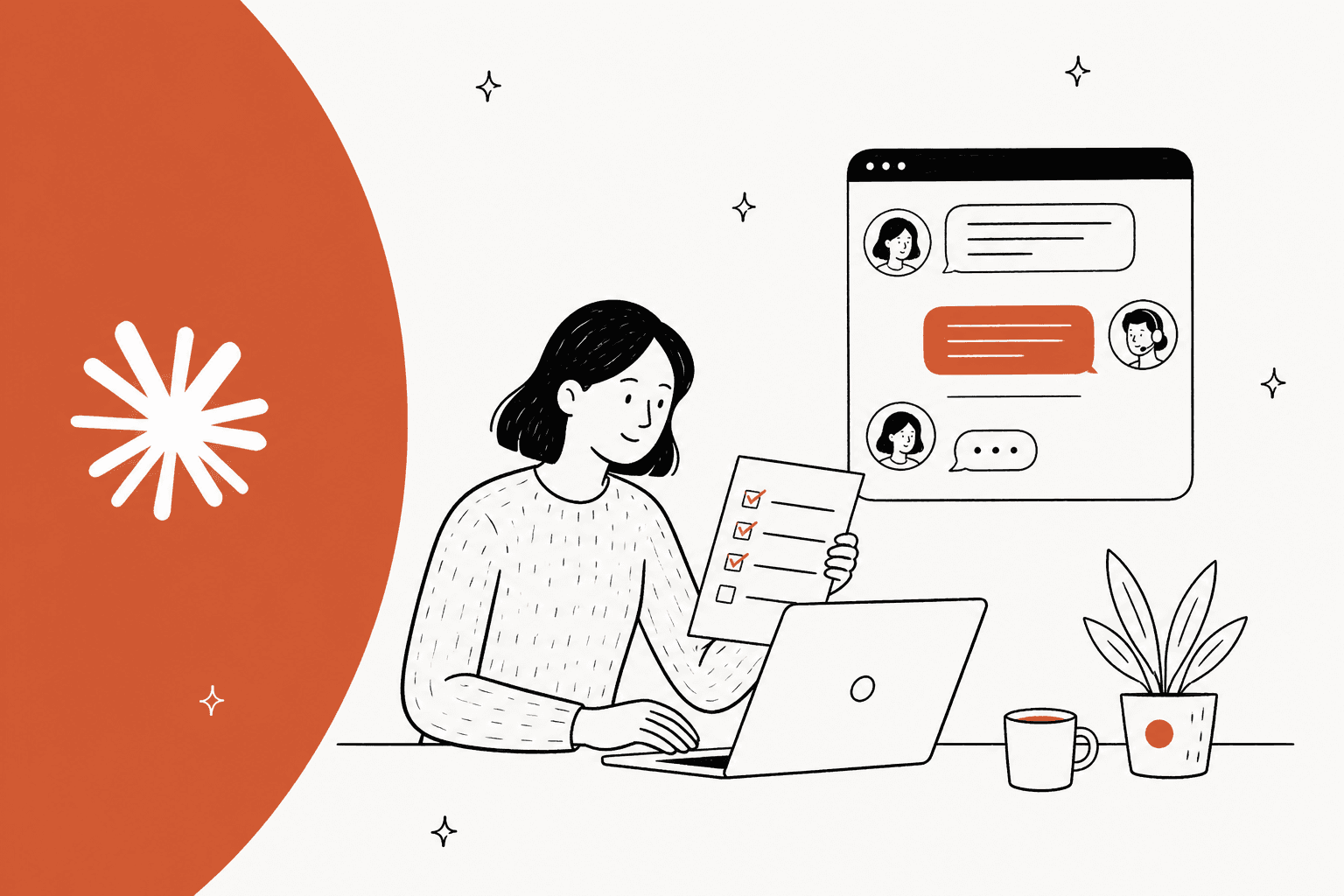 Illustration of a person reviewing a checklist at a laptop beside a support chat window