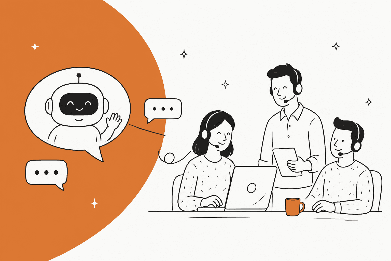 Hand-drawn support agents with headsets beside a friendly chatbot illustrating conversational AI benefits