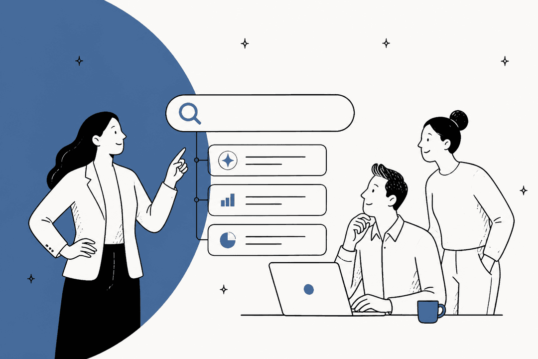 Illustrated team looking at an AI search bar with ranked answers, for the best AI search assistants in 2026