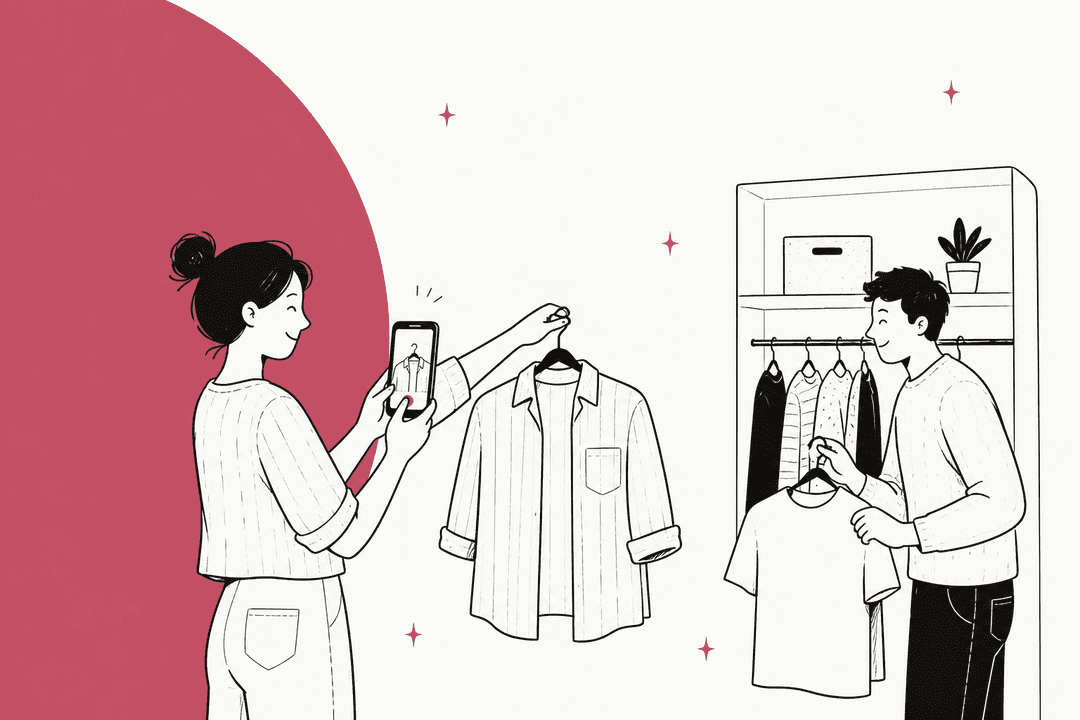 Hand-drawn illustration of a seller photographing a shirt on a phone for the best apps to sell clothes online in 2026
