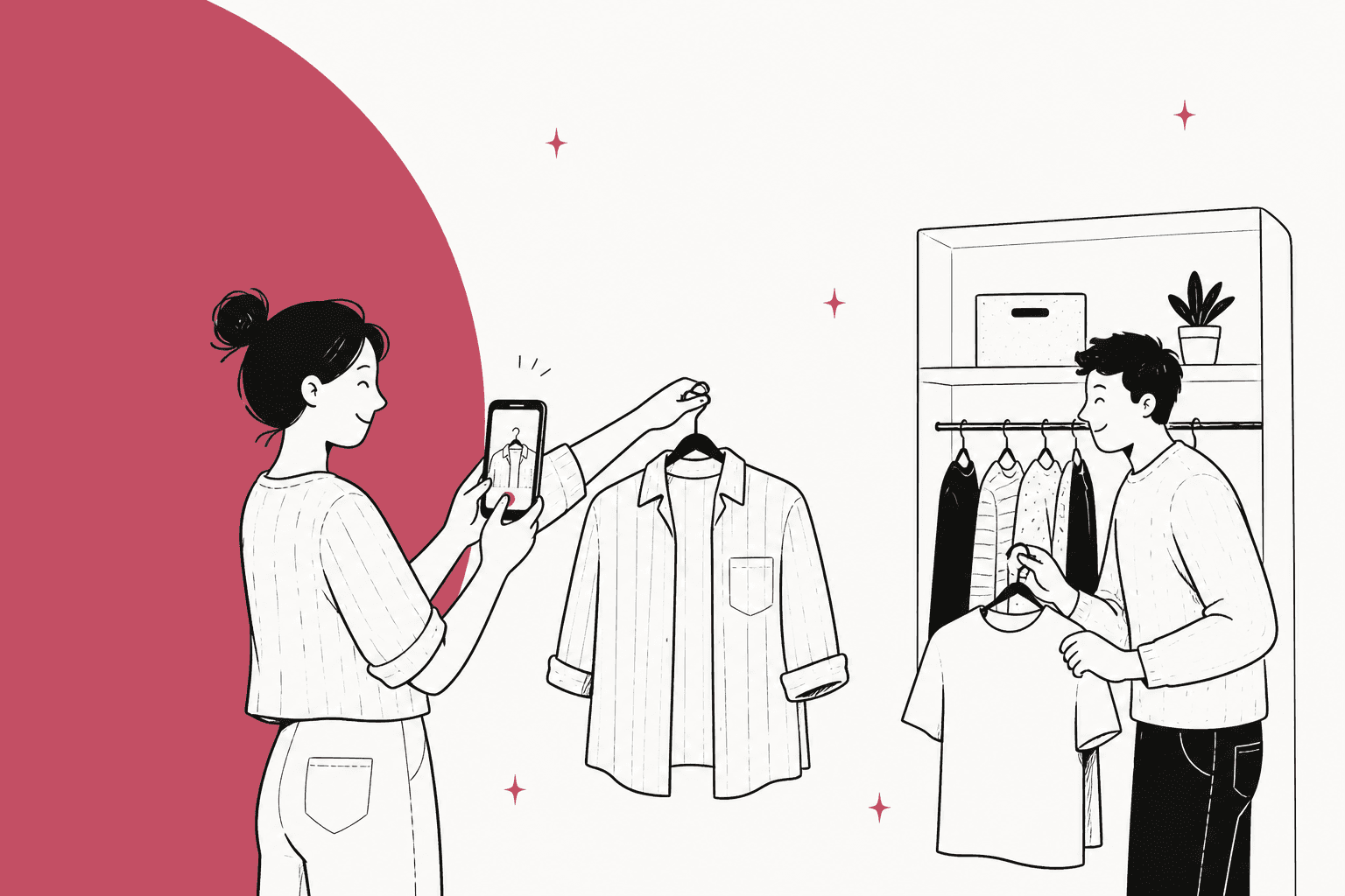 Hand-drawn illustration of a seller photographing a shirt on a phone for the best apps to sell clothes online in 2026