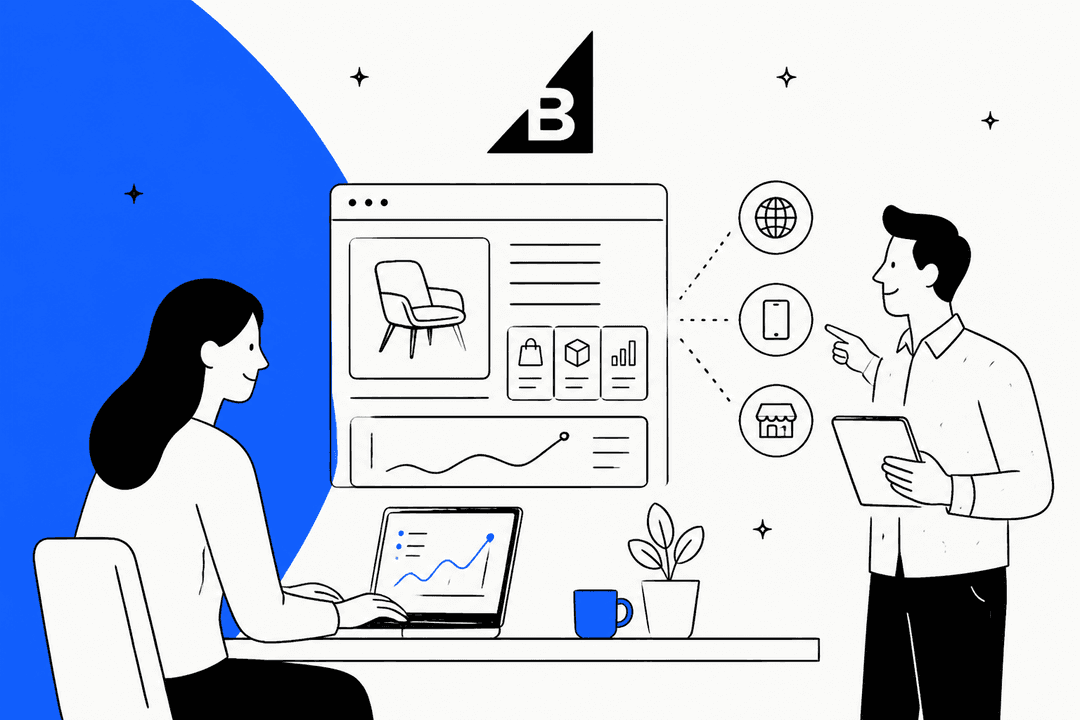 BigCommerce review for 2026: two people reviewing an online store dashboard beside the BigCommerce logo