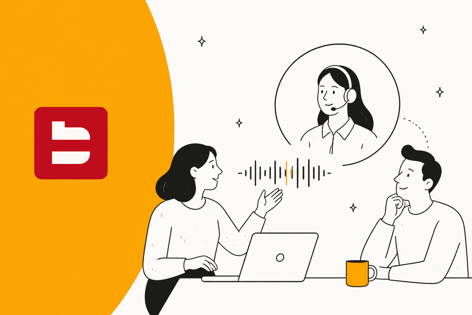 Hand-drawn illustration of two people at a table talking with an AI phone agent wearing a headset, next to the Bland logo on an amber shape