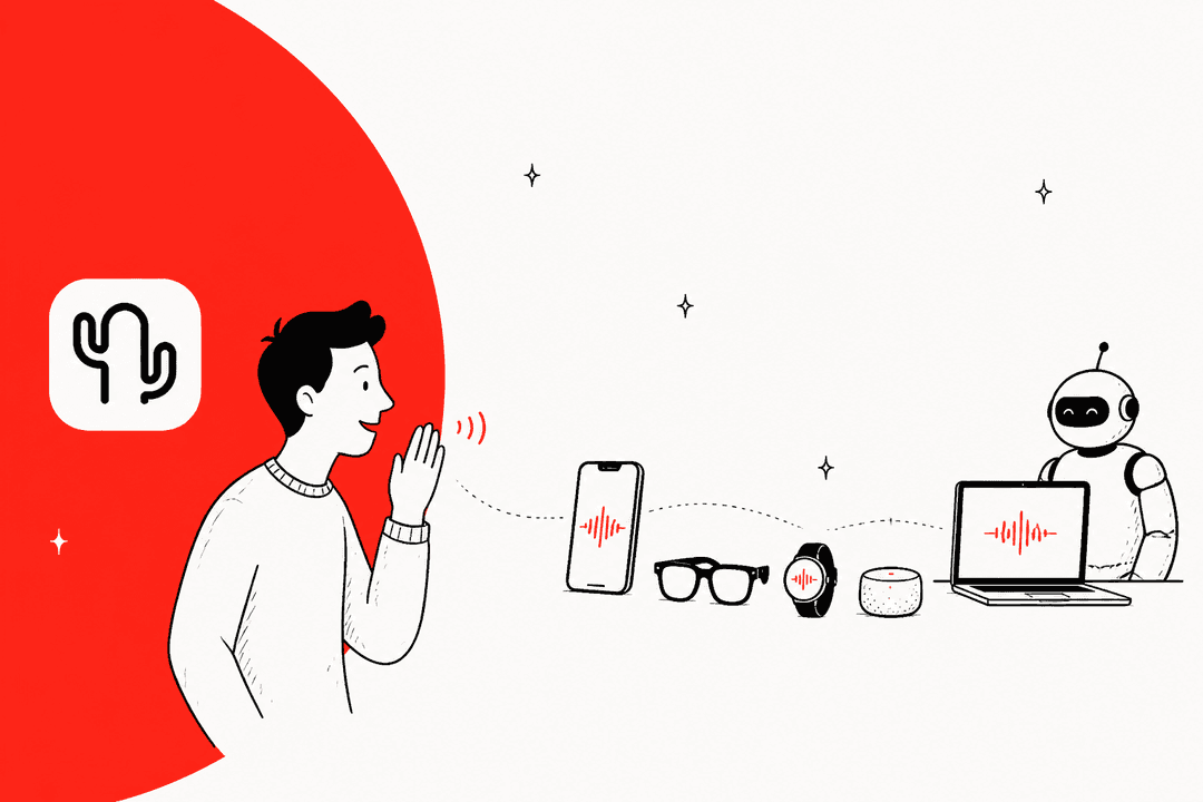Hand-drawn illustration of a person speaking to a phone, glasses, watch, smart speaker and laptop, with the Cactus logo on a red background