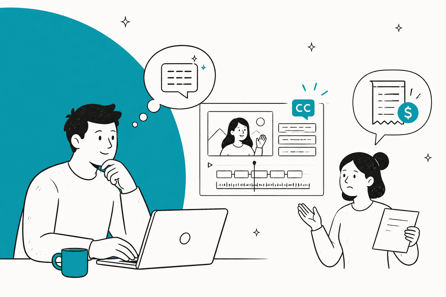 Illustration of a creator editing a video with captions while another person holds a billing receipt
