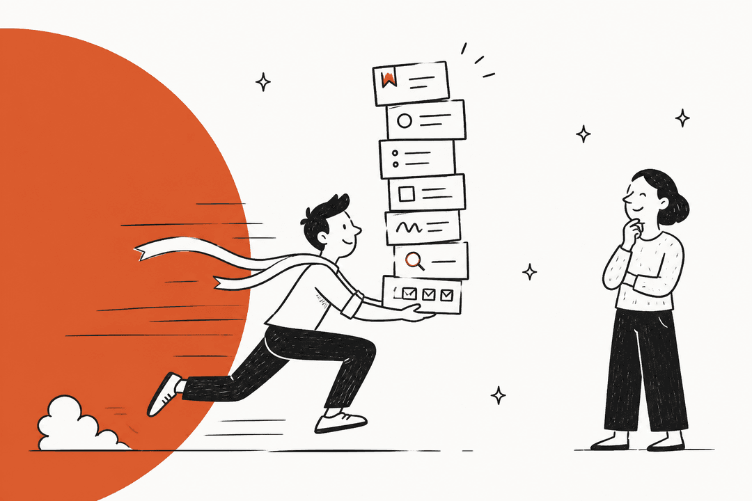 Hand-drawn illustration of a person sprinting with a tall stack of small task cards while another person watches, for a Claude Haiku 5.5 review