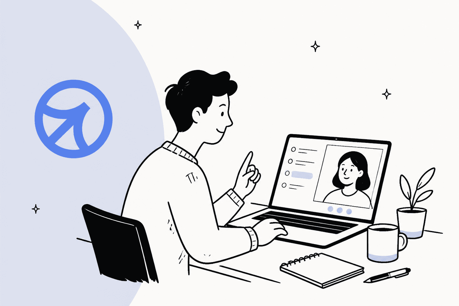 Hand-drawn illustration of a person at a laptop on a video call with the Cluely logo beside them