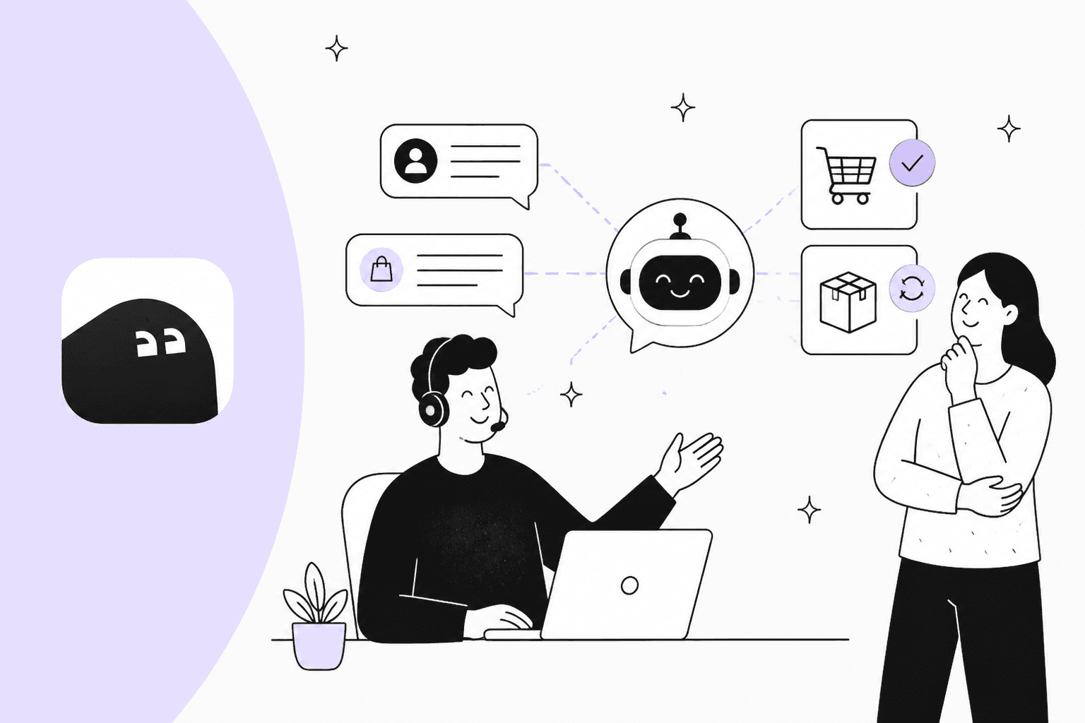 Support agent with a headset and a store owner reviewing Commslayer for Shopify stores in 2026