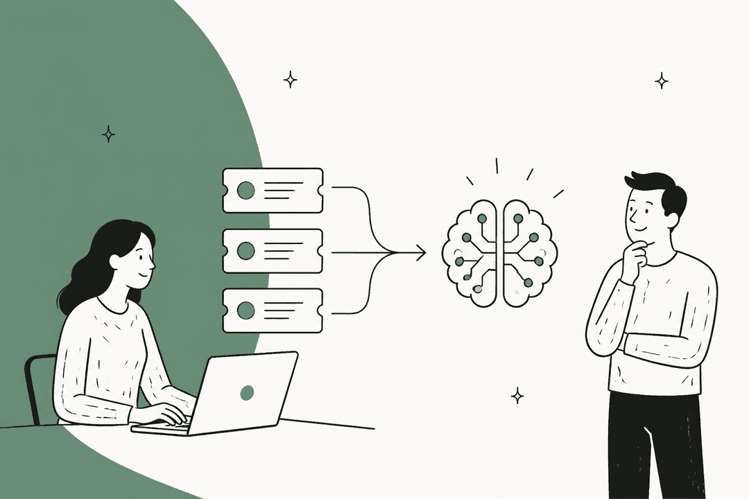 Illustration of ServiceNow tickets flowing into an AI brain while an agent works at a laptop