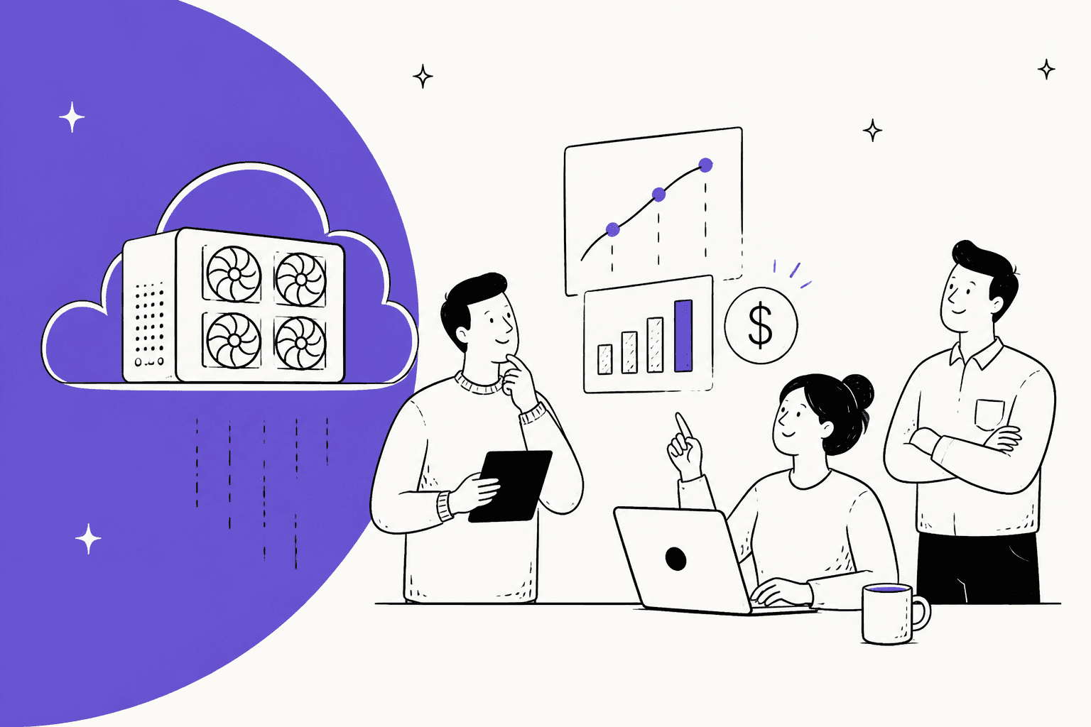 Illustration of a team reviewing GPU cloud pricing charts next to a cloud server