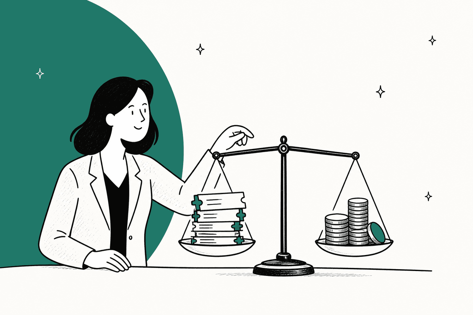 Hand-drawn illustration of a support manager weighing a stack of support tickets against a pile of coins on a balance scale