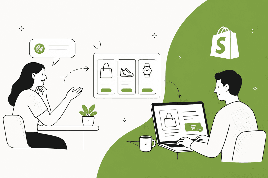 Hand-drawn shopper asking ChatGPT for products while a merchant completes checkout on a Shopify store, beside a green curved block
