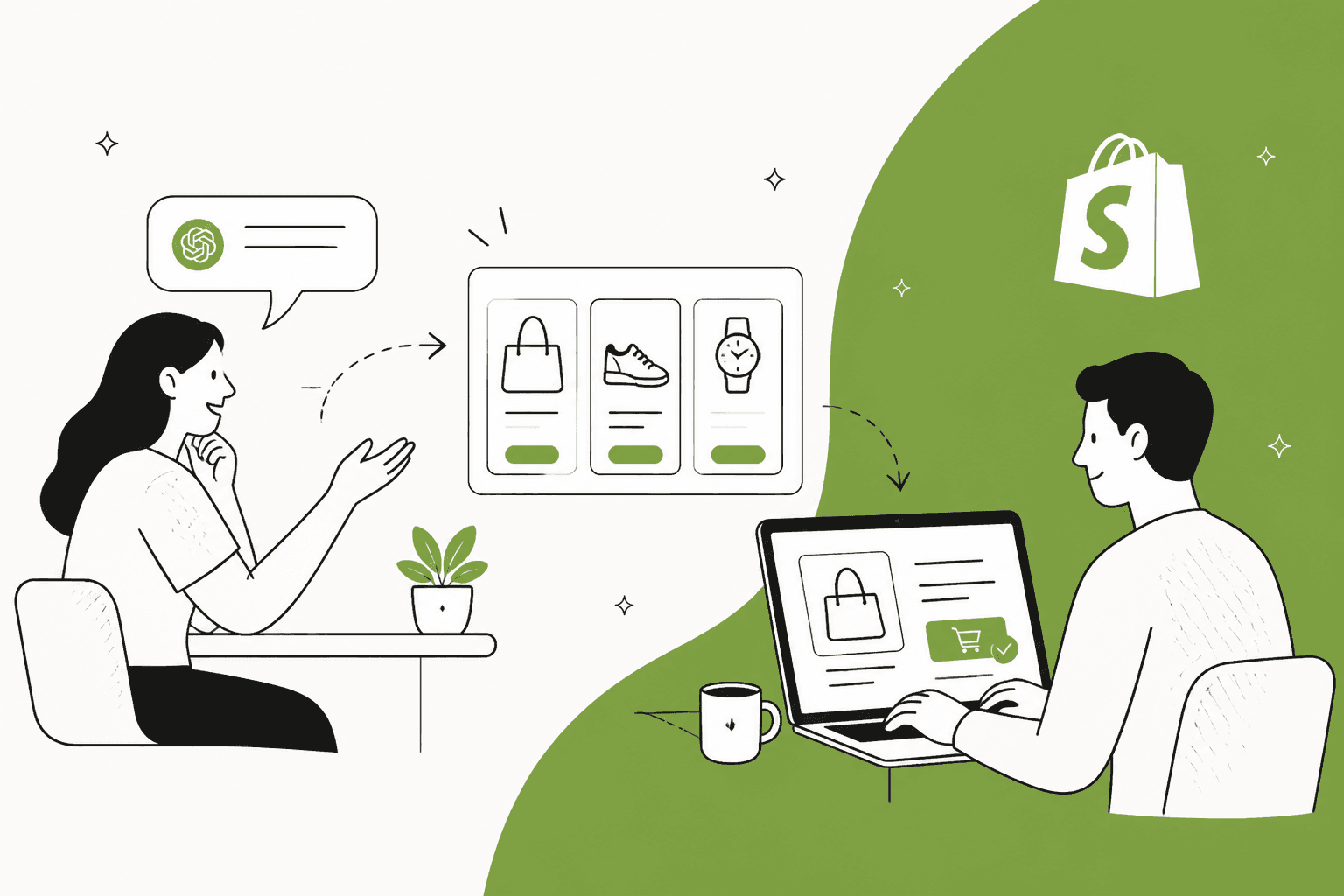 Hand-drawn shopper asking ChatGPT for products while a merchant completes checkout on a Shopify store, beside a green curved block