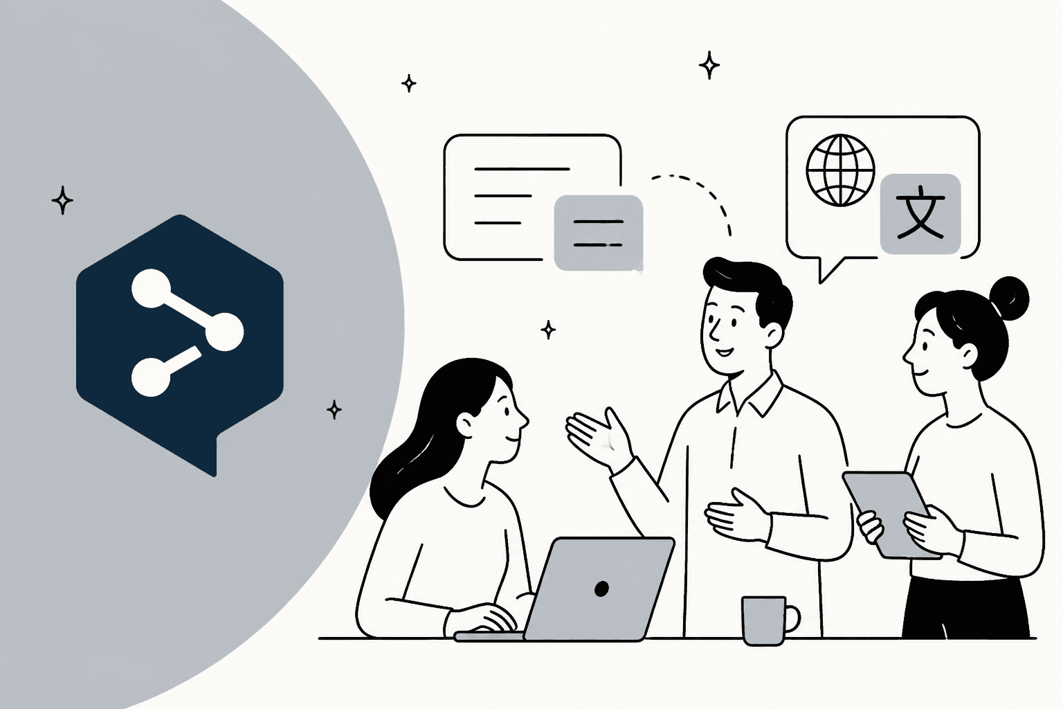 Three colleagues discussing translations next to the DeepL logo