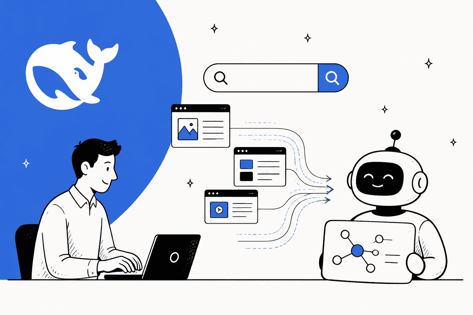 Hand-drawn illustration of a developer at a laptop while web pages flow from a search bar into a friendly AI agent, next to the DeepSeek whale logo
