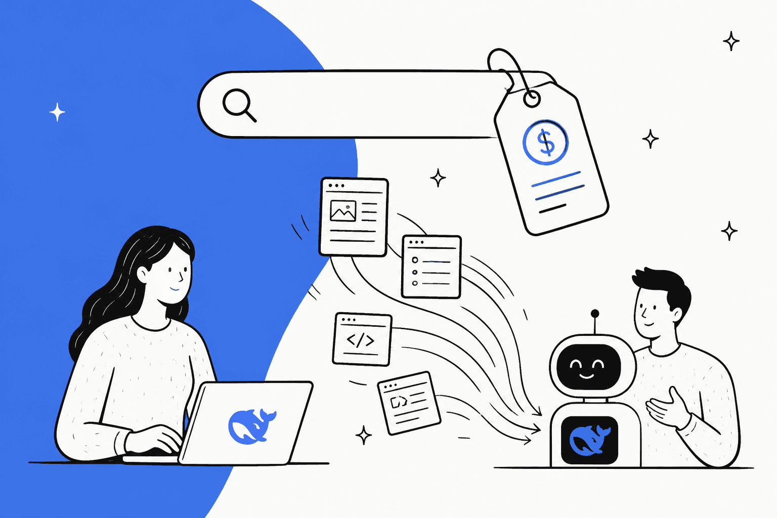 Hand-drawn illustration of a search bar with a price tag, web pages flowing from a laptop into a friendly AI agent robot