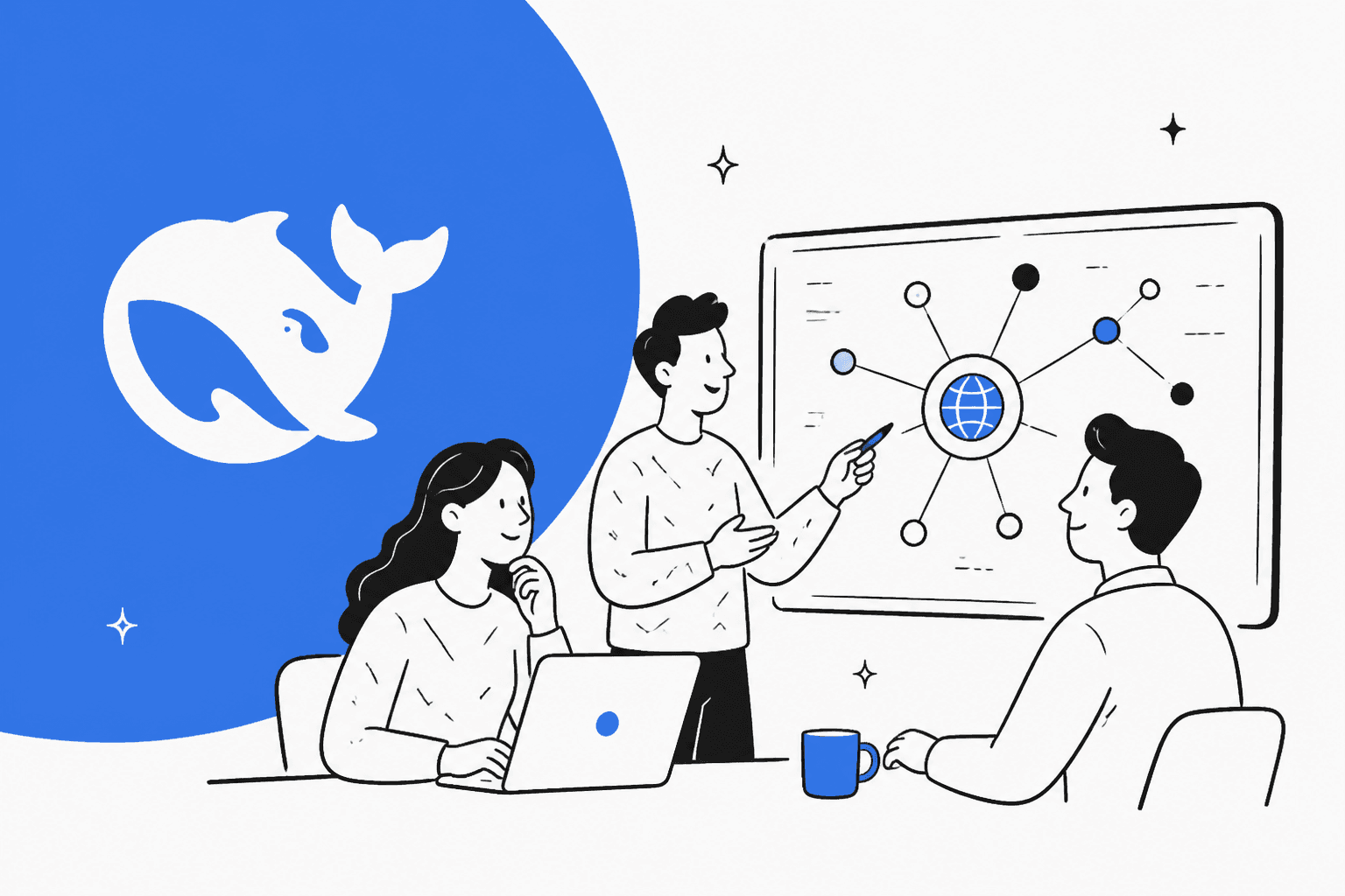 Hand-drawn illustration of three colleagues reviewing a model network diagram on a whiteboard beside the DeepSeek whale on a blue shape