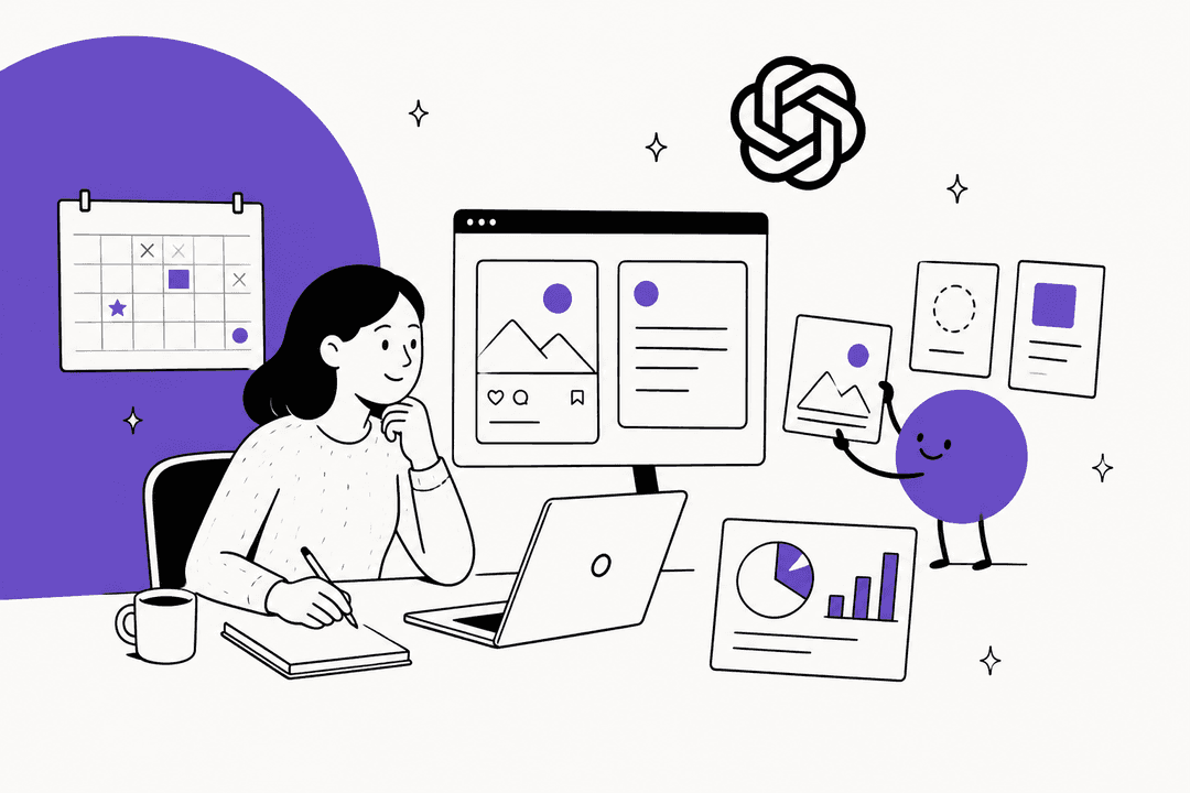 Hand-drawn illustration of a marketer at a desk with a campaign calendar and social post drafts on screen while a small purple dot arranges design drafts and a report chart beside them