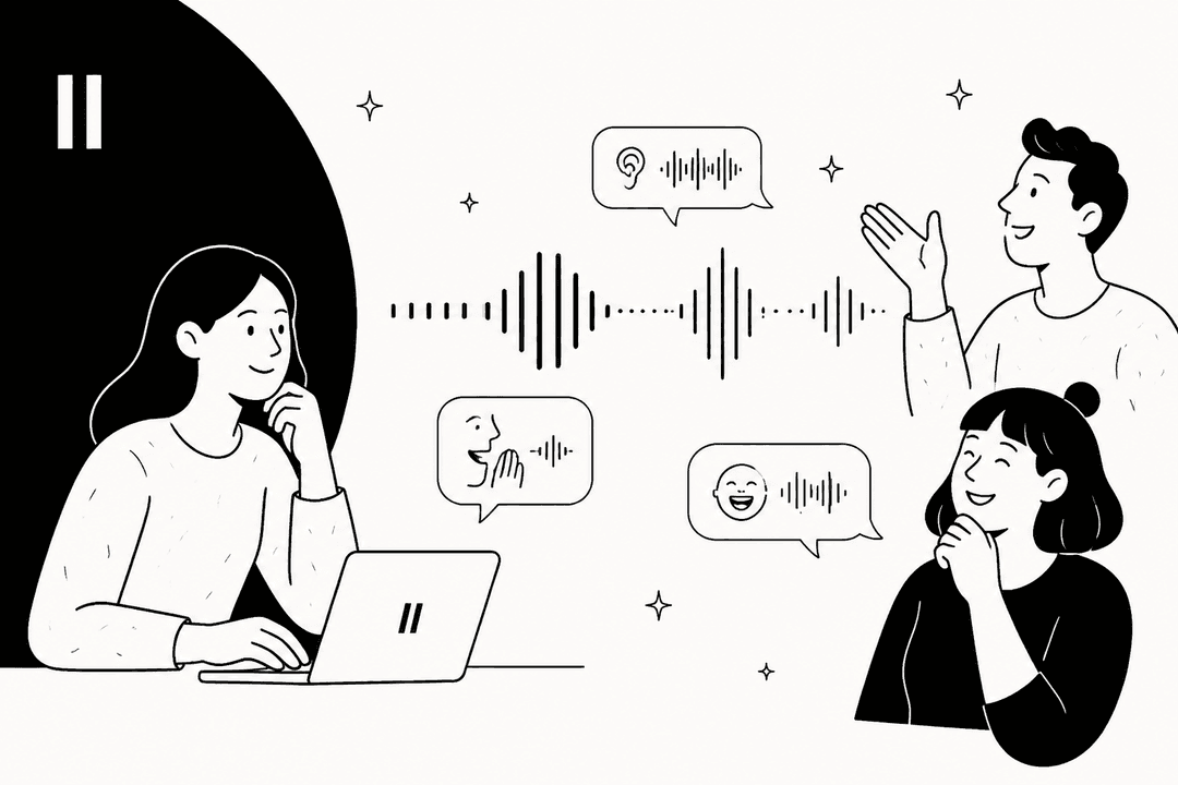 Hand-drawn illustration of people talking with expressive voice bubbles and sound waves, representing the Eleven v4 text to speech model
