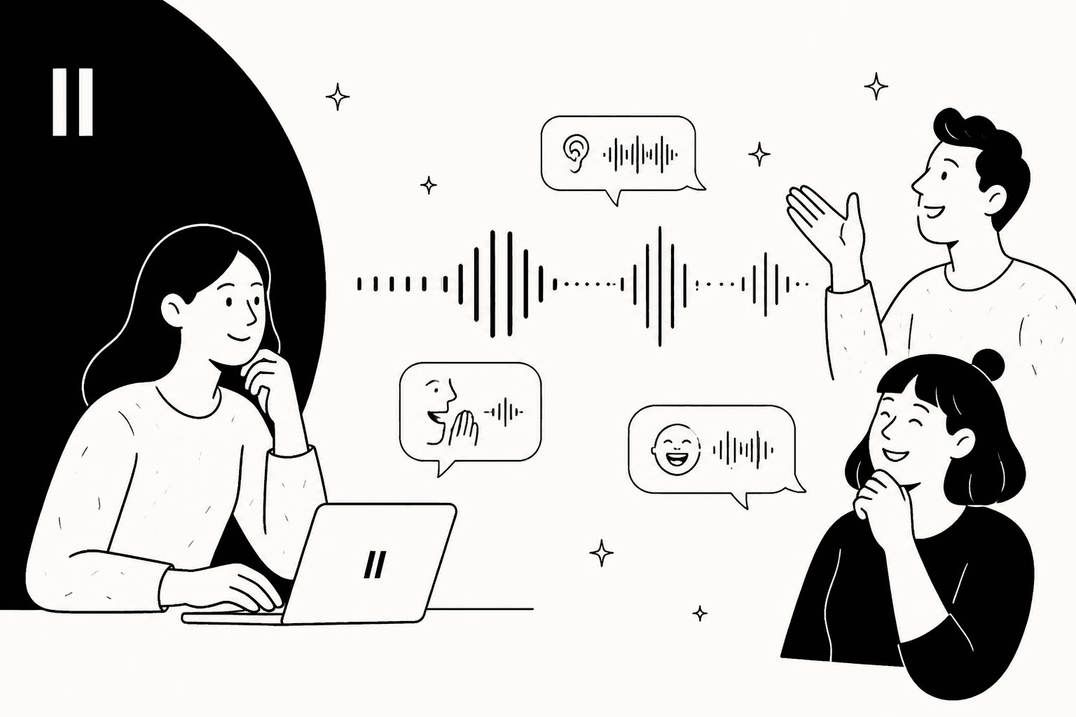 Hand-drawn illustration of people talking with expressive voice bubbles and sound waves, representing the Eleven v4 text to speech model