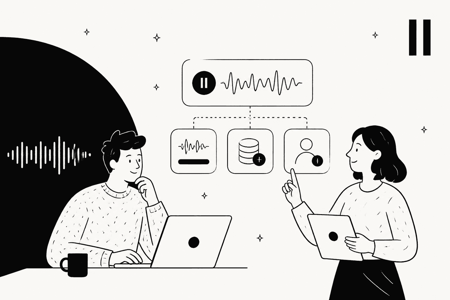 Hand-drawn illustration of two people working with a voice waveform that branches into audio, storage, and voice profile options, representing Eleven v4 pricing