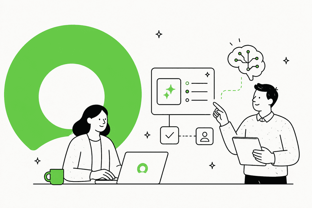 Hand-drawn illustration of two people reviewing a ServiceNow generative AI workflow beside a green ring