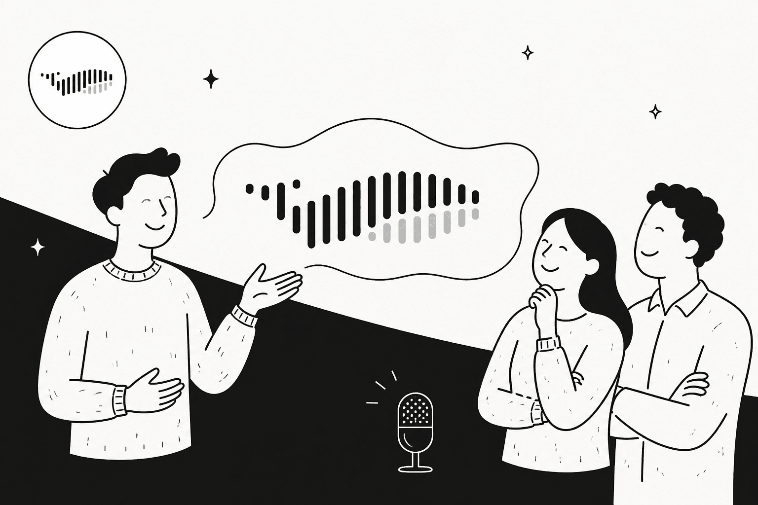 Hand-drawn black and white illustration of a presenter gesturing at a speech bubble filled with a Fish Audio waveform while two colleagues listen and a microphone sits below